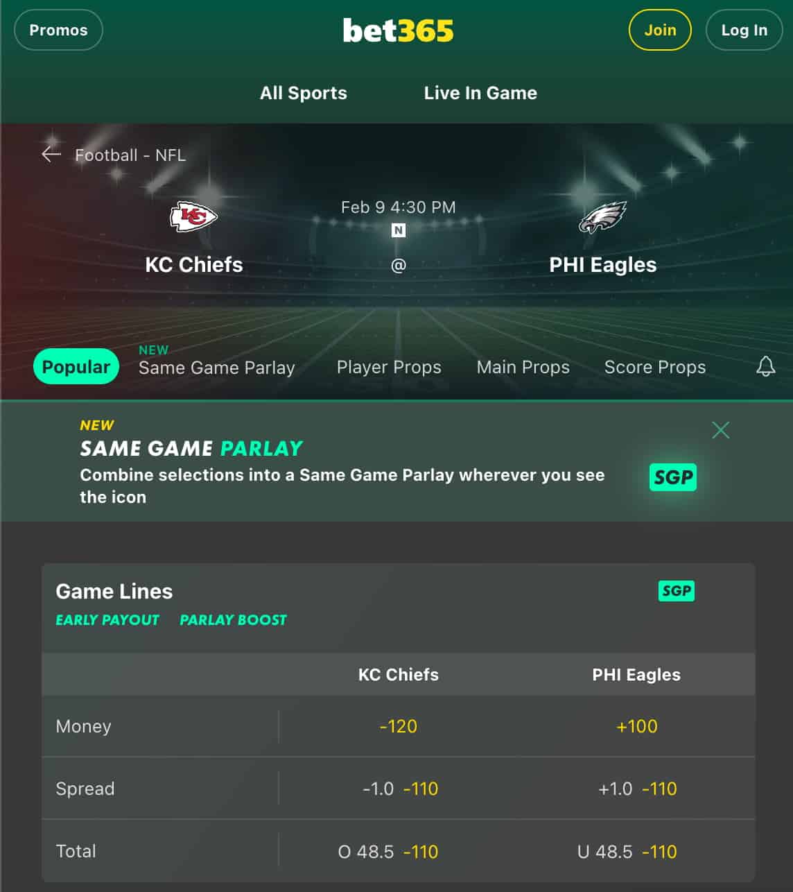 Updated Super Bowl 59 odds from bet365.